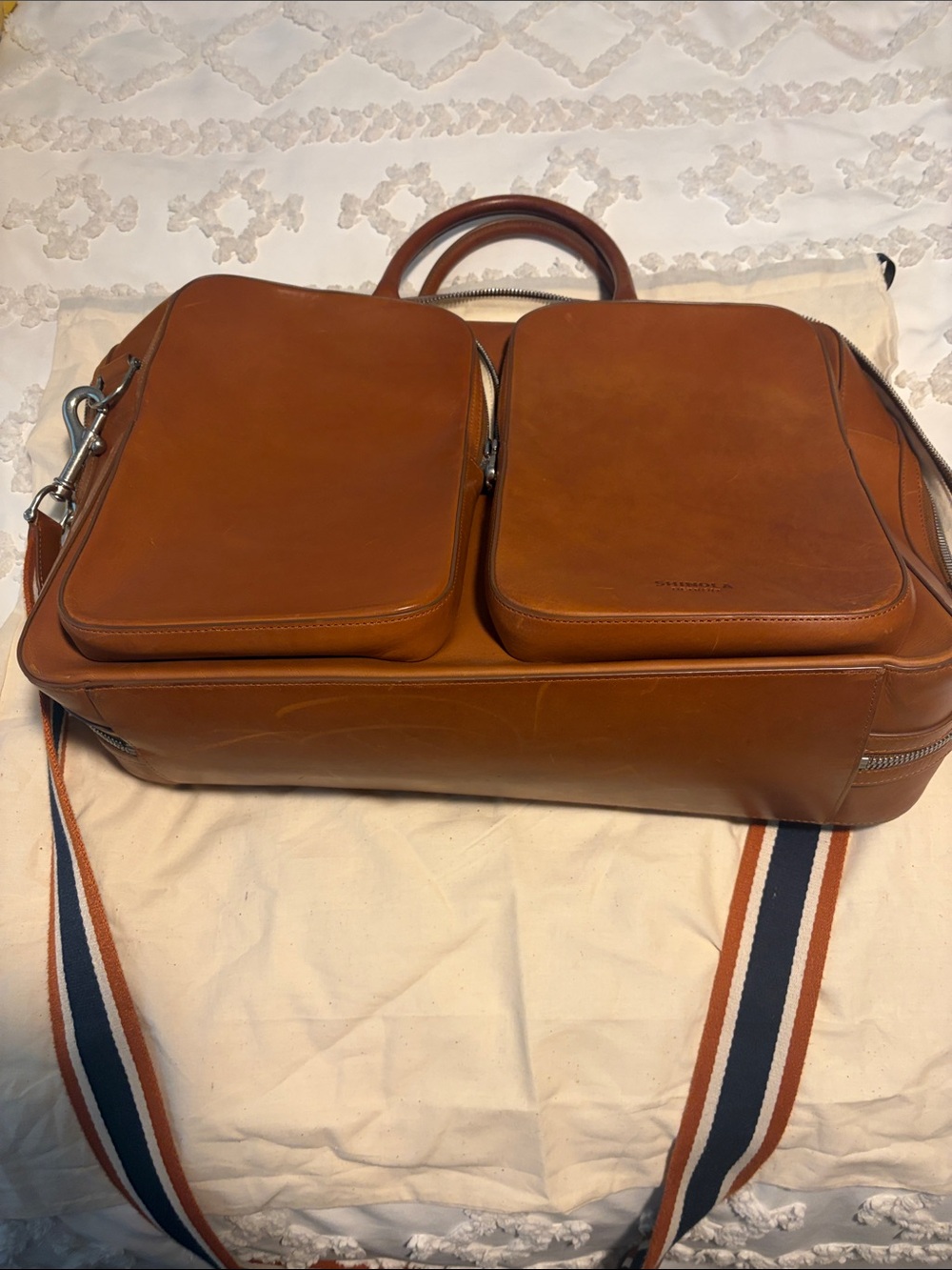 Shinola Cognac Leather Briefcase with Striped Shoulder Strap